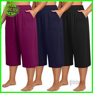 Plus Size Wide Leg Cropped Sweatpants 3 Pack Cotton Spandex Elastic Waist